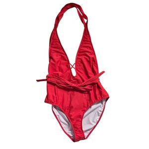 Sports Illustrated Swim 1X Red One Piece Swimsuit Plunge Halter Lace Up Back